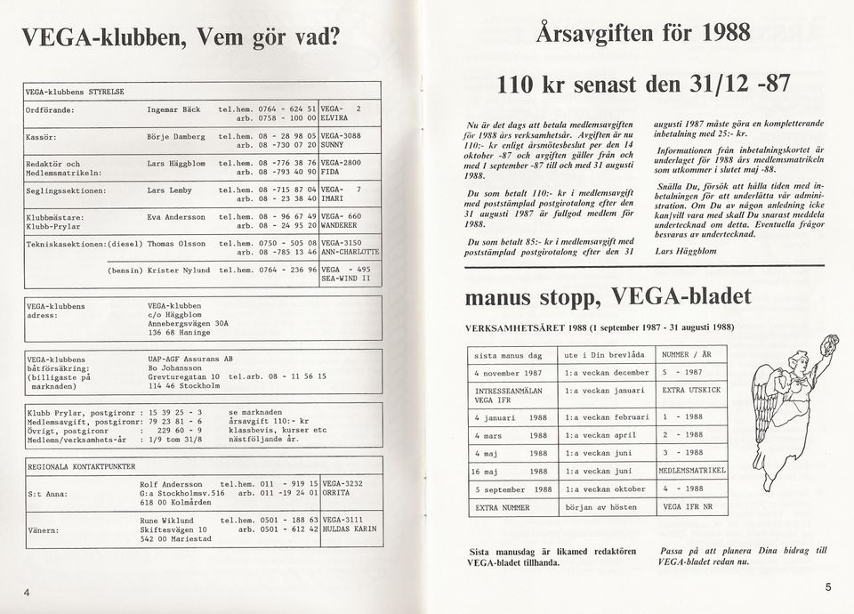 Redaktör och Lars Häggblom tel hem 08-776 38 76 VEGA-2800 Medlemsmatrikeln: arb 08-793 40 90 FIDA Seglingssektionen: Lars Lemby tel hem 08-715 87 04 VEGA- 7 arb 08-23 38 40 IMARI Klubbmästare: Eva