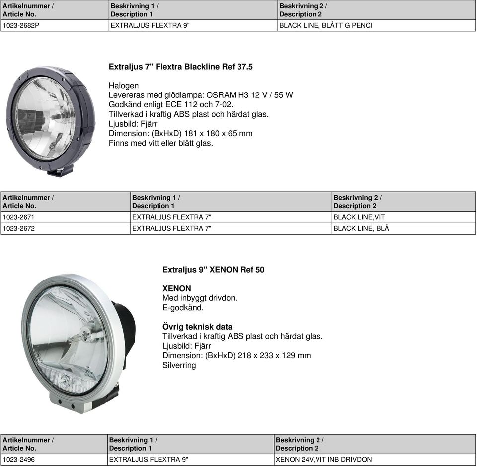 1023-2671 EXTRALJUS FLEXTRA 7" BLACK LINE,VIT 1023-2672 EXTRALJUS FLEXTRA 7" BLACK LINE, BLÅ Extraljus 9" XENON Ref 50