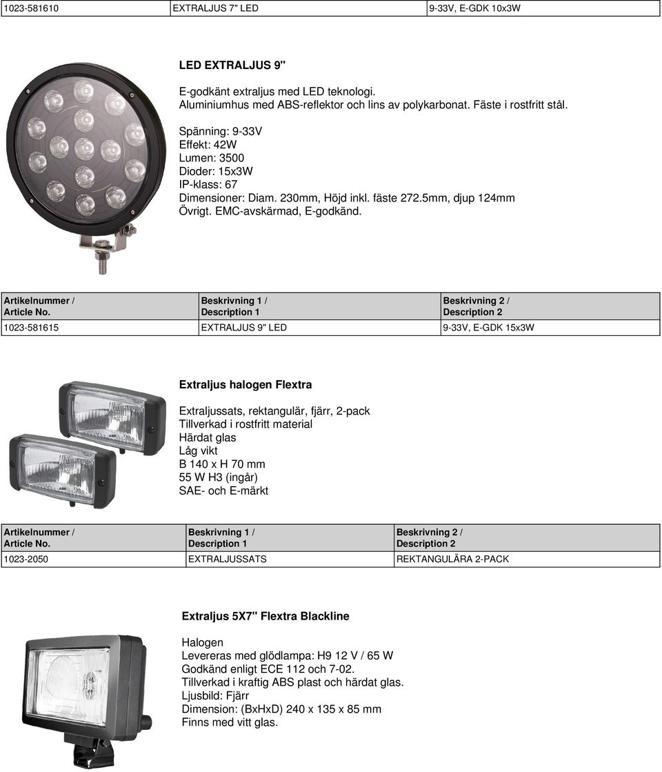 1023-581615 EXTRALJUS 9" LED 9-33V, E-GDK 15x3W Extraljus halogen Flextra Extraljussats, rektangulär, fjärr, 2-pack Tillverkad i rostfritt material Härdat glas Låg vikt B 140 x H 70 mm