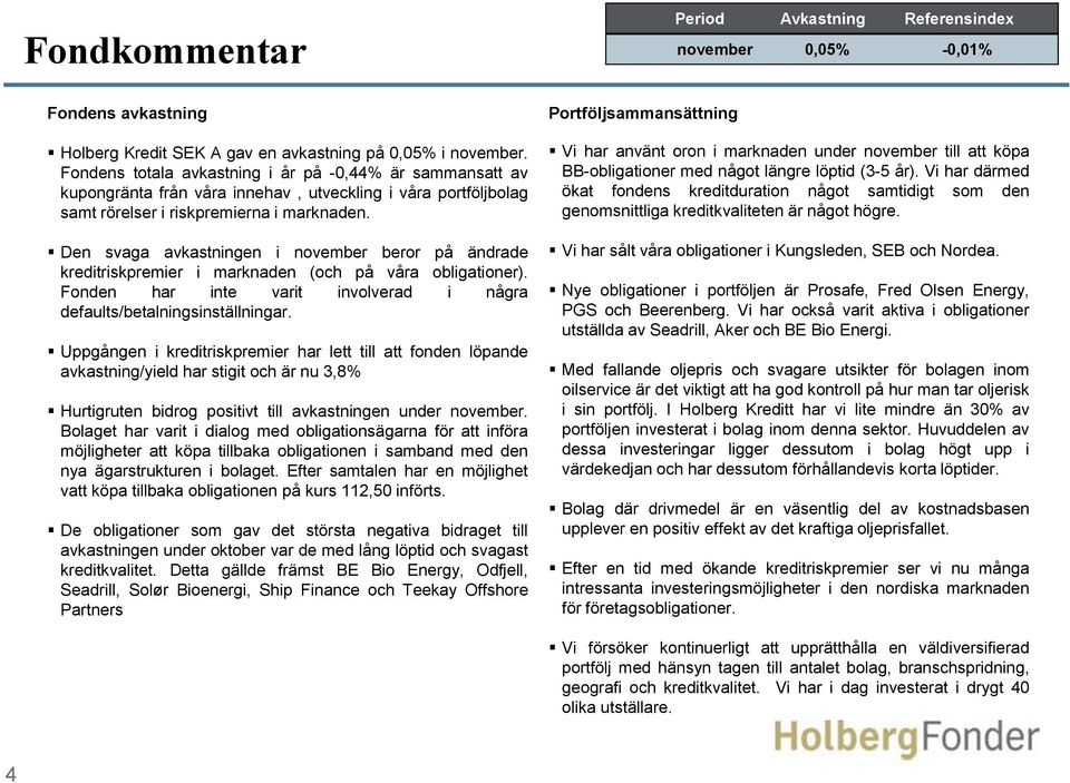 Den svaga avkastningen i november beror på ändrade kreditriskpremier i marknaden (och på våra obligationer). Fonden har inte varit involverad i några defaults/betalningsinställningar.