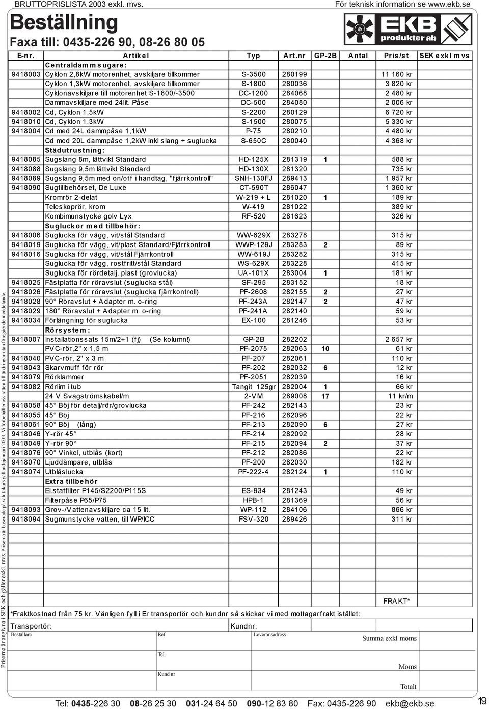 nr GP-2B Antal Pris/st SEK e xk l m vs Centraldamm sugare: 9418003 Cyklon 2,8kW motorenhet, avskiljare tillkommer S-3500 280199 11 160 kr Cyklon 1,3kW motorenhet, avskiljare tillkommer S-1800 280036
