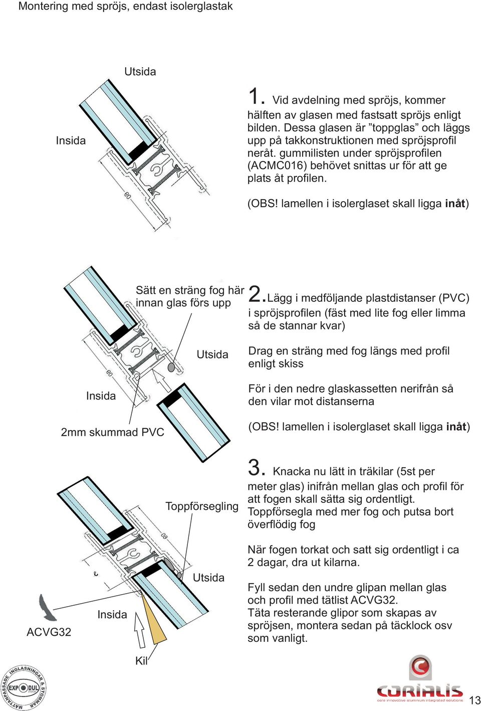 lamellen i isolerglaset skall ligga inåt) Sätt en sträng fog här innan glas förs upp 2.