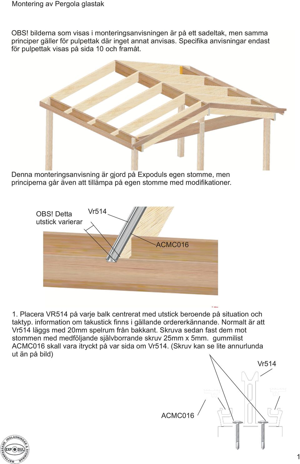 Denna monteringsanvisning är gjord på Expoduls egen stomme, men principerna går även att tillämpa på egen stomme med modifikationer. OBS! Detta utstick varierar Vr514 ACMC016 1.
