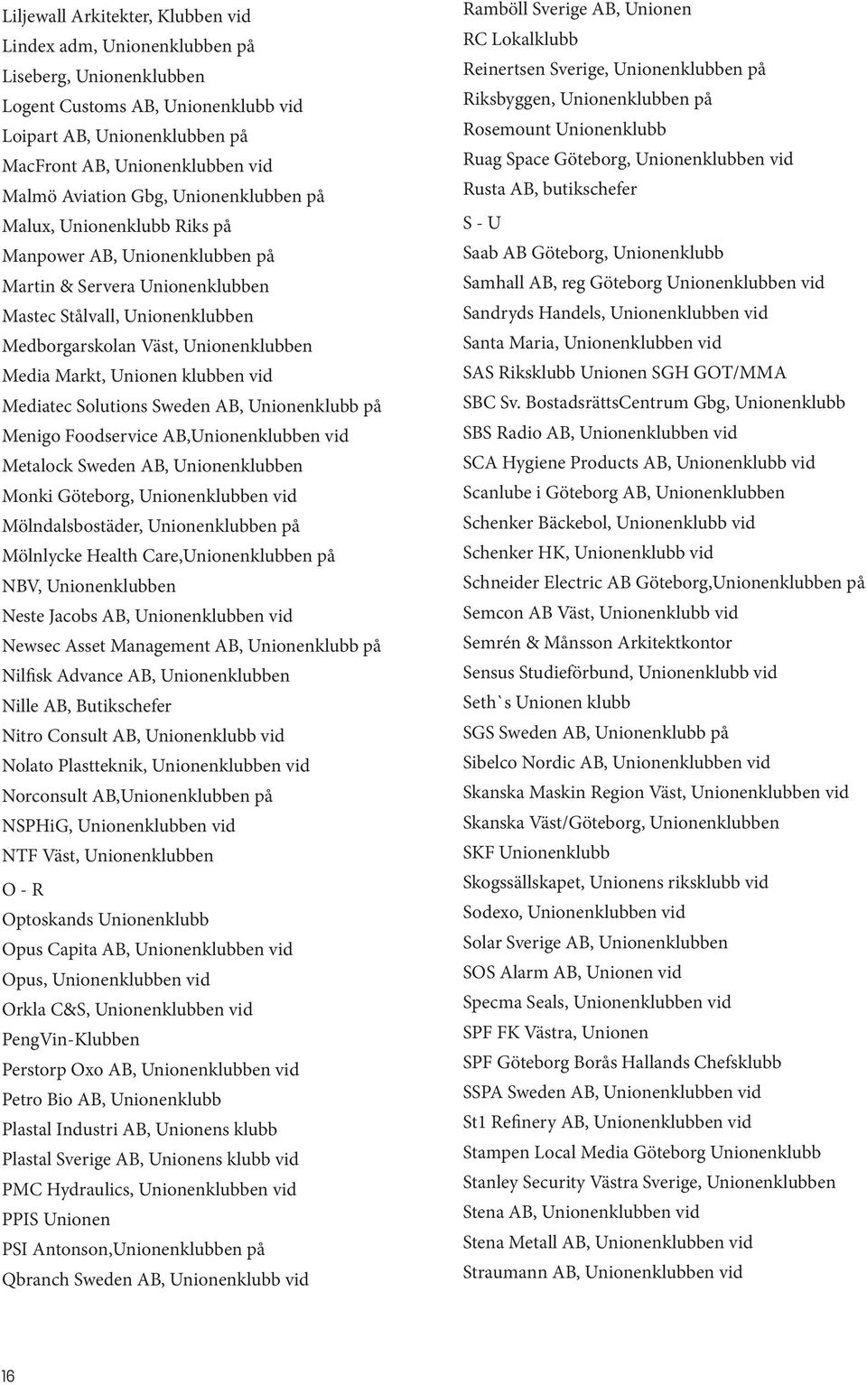 Markt, Unionen klubben vid Mediatec Solutions Sweden AB, Unionenklubb på Menigo Foodservice AB,Unionenklubben vid Metalock Sweden AB, Unionenklubben Monki Göteborg, Unionenklubben vid