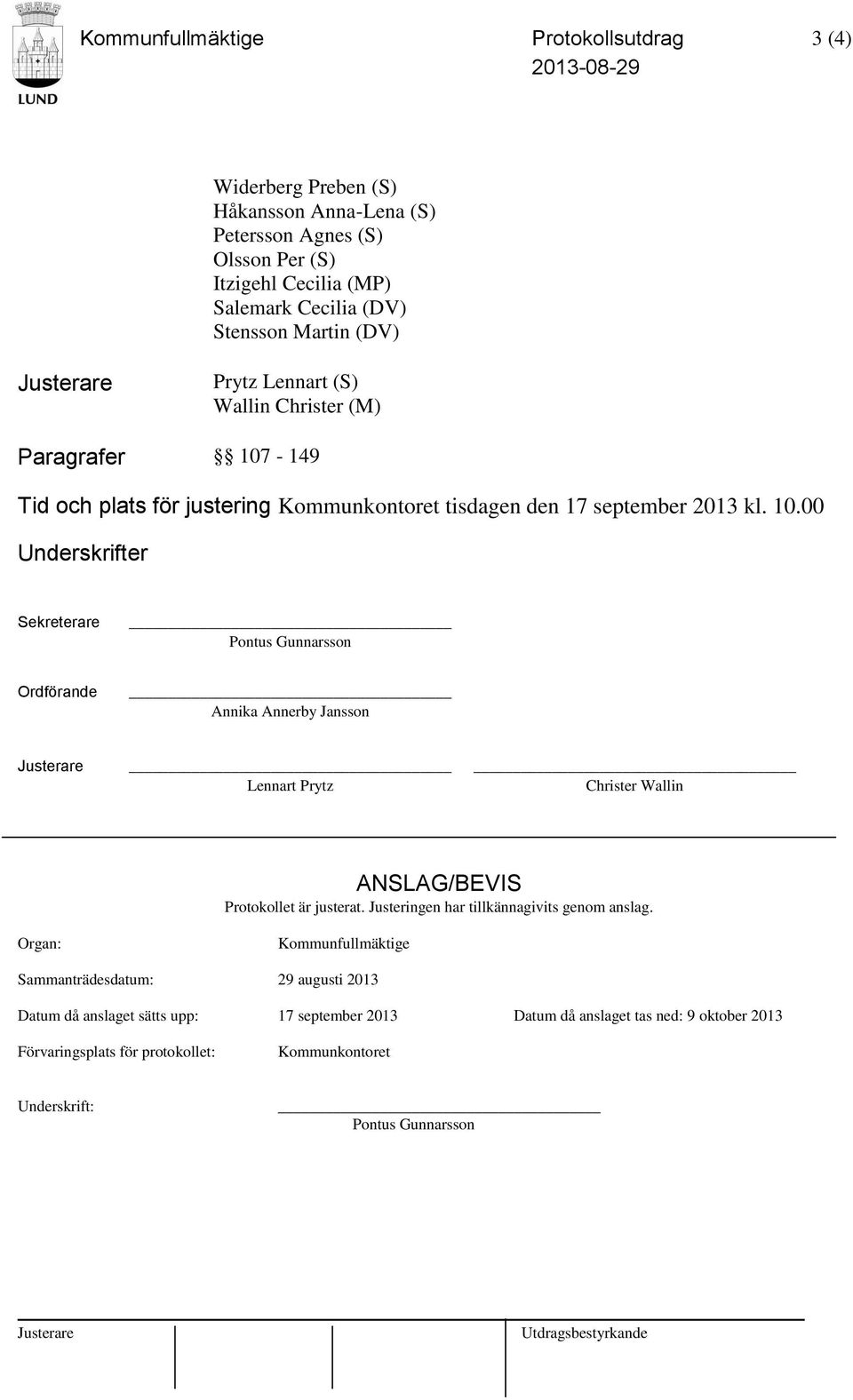 -149 Tid och plats för justering Kommunkontoret tisdagen den 17 september 2013 kl. 10.