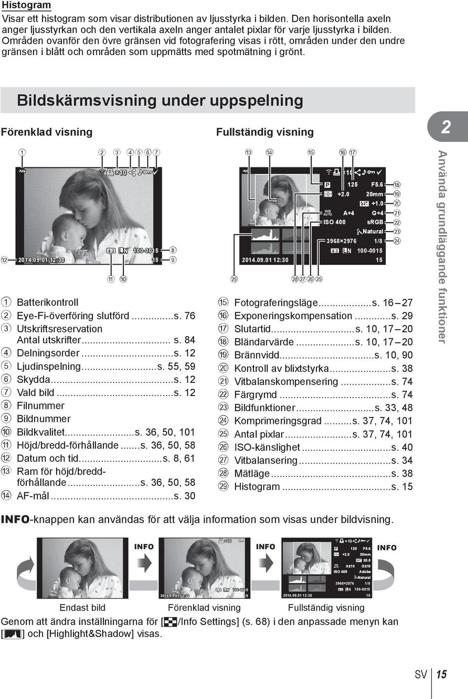 Bildskärmsvisning under uppspelning Förenklad visning Fullständig visning 2 b 1 2 3 4567 10 4:3 L N 100-0015 2014.09.01 12:30 15 a 0 8 9 1 Batterikontroll 2 Eye-Fi-överföring slutförd...s. 76 3 Utskriftsreservation Antal utskrifter.