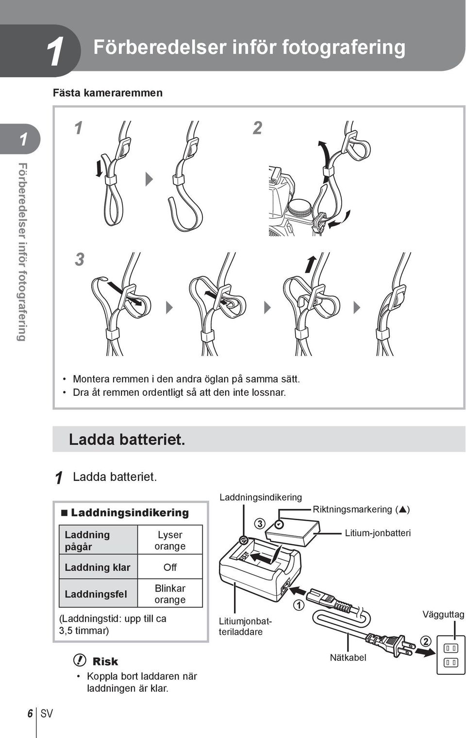 Laddningsindikering Laddning pågår Lyser orange Laddningsindikering 3 Riktningsmarkering ( ) Litium-jonbatteri Laddning klar Off