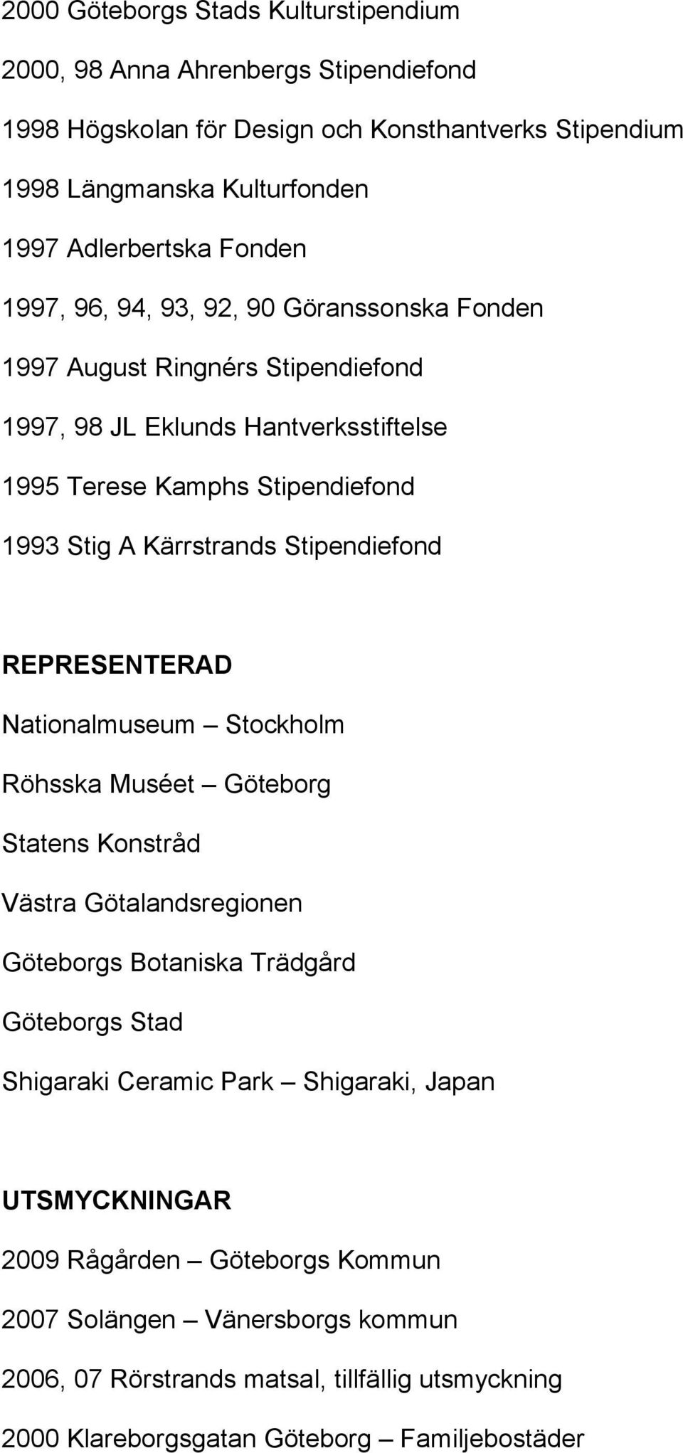 Stipendiefond REPRESENTERAD Nationalmuseum Stockholm Röhsska Muséet Göteborg Statens Konstråd Västra Götalandsregionen Göteborgs Botaniska Trädgård Göteborgs Stad Shigaraki Ceramic