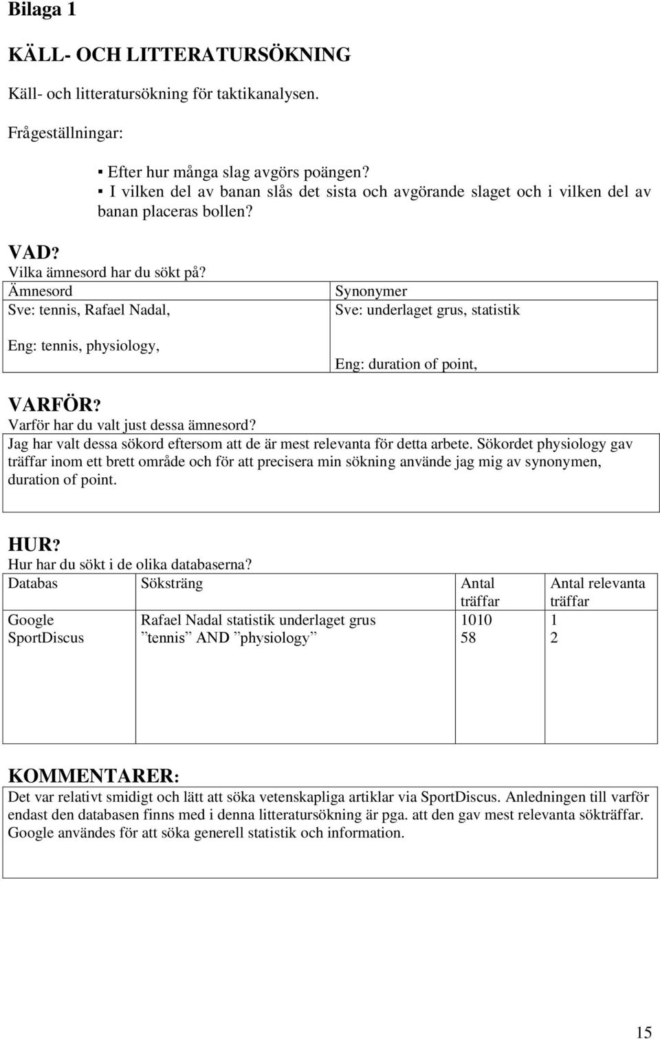 Ämnesord Sve: tennis, Rafael Nadal, Eng: tennis, physiology, Synonymer Sve: underlaget grus, statistik Eng: duration of point, VARFÖR? Varför har du valt just dessa ämnesord?