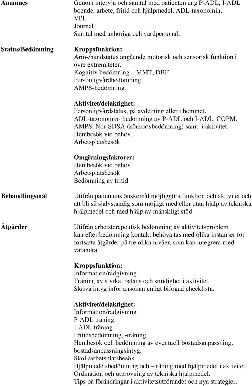 Aktivitet/delaktighet: Personligvårdstatus, på avdelning eller i hemmet. ADL-taxonomin- bedömning av P-ADL och I-ADL. COPM. AMPS, Nor-SDSA (körkortsbedömning) samt i aktivitet. Hembesök vid behov.