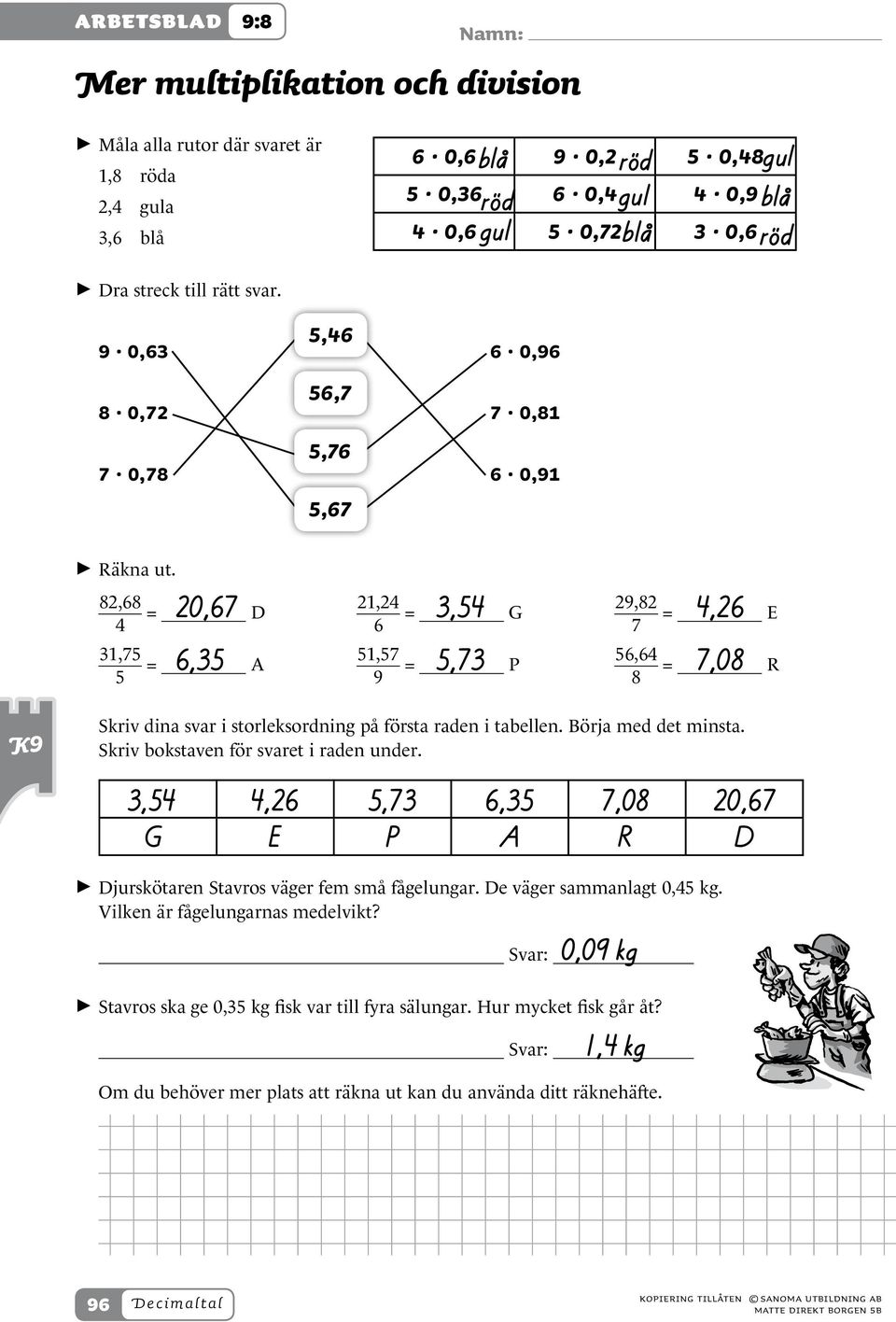 82,68 20,67 3,54 4,26 4 = D 21,24 6 = G 29,82 7 = E 31,75 5 = A 51,57 9 = P 56,64 6,35 5,73 8 = 7,08 R Skriv dina svar i storleksordning på första raden i tabellen. Börja med det minsta.