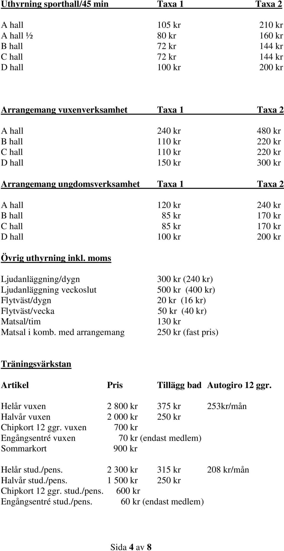 Övrig uthyrning inkl. moms Ljudanläggning/dygn Ljudanläggning veckoslut Flytväst/dygn Flytväst/vecka Matsal/tim Matsal i komb.