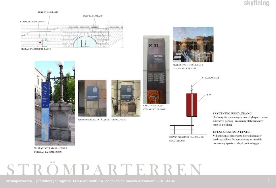 1 Restaurangentré fasad Elevation, alt. 2 Elevation, alt. 2 skyltning integrerad i glasparti exempel Sektion, alt. 2 strålkastare Hänvisning Nummer Bet. Ant. Revideringen avser Dat. Gr. Proj. Godk.