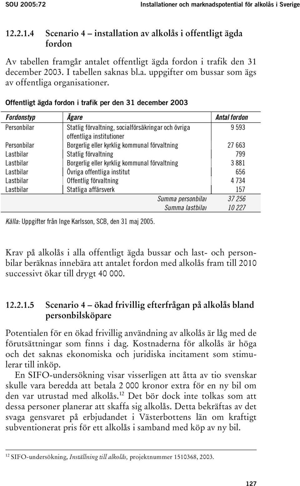 Offentligt ägda fordon i trafik per den 31 december 2003 Fordonstyp Ägare Antal fordon Personbilar Statlig förvaltning, socialförsäkringar och övriga 9 593 offentliga institutioner Personbilar