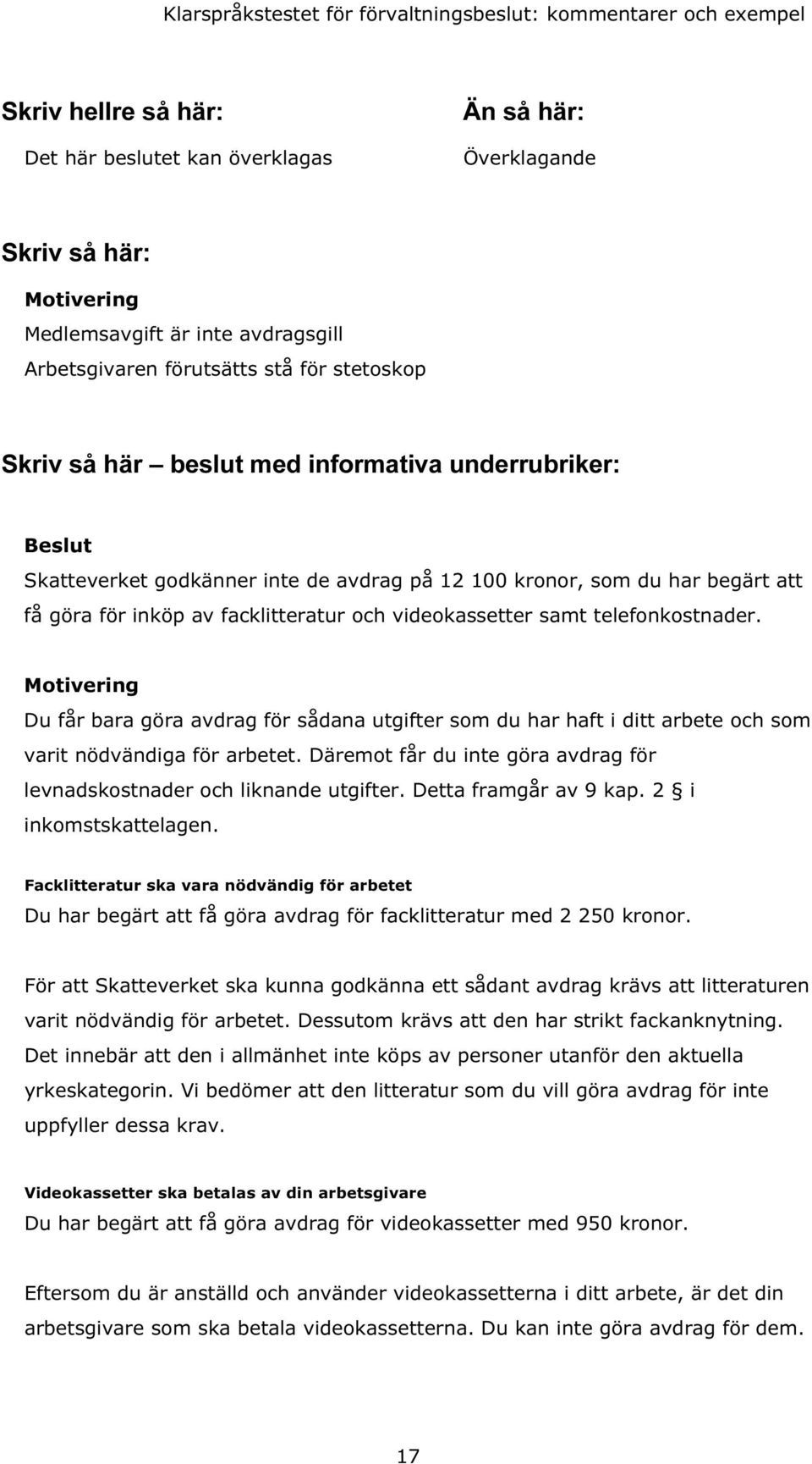 Motivering Du får bara göra avdrag för sådana utgifter som du har haft i ditt arbete och som varit nödvändiga för arbetet. Däremot får du inte göra avdrag för levnadskostnader och liknande utgifter.