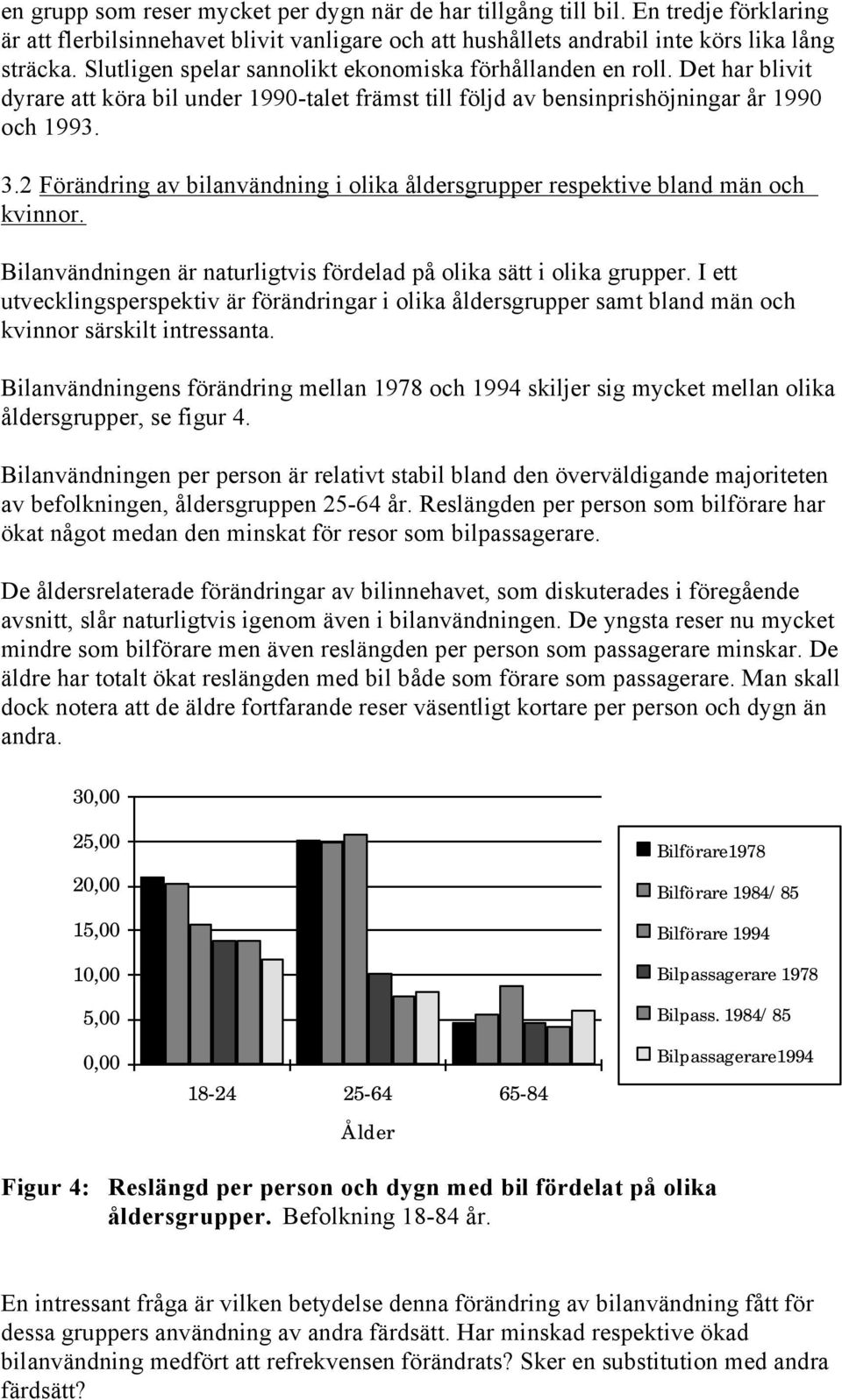 2 Förändring av bilanvändning i olika åldersgrupper respektive bland män och kvinnor. Bilanvändningen är naturligtvis fördelad på olika sätt i olika grupper.