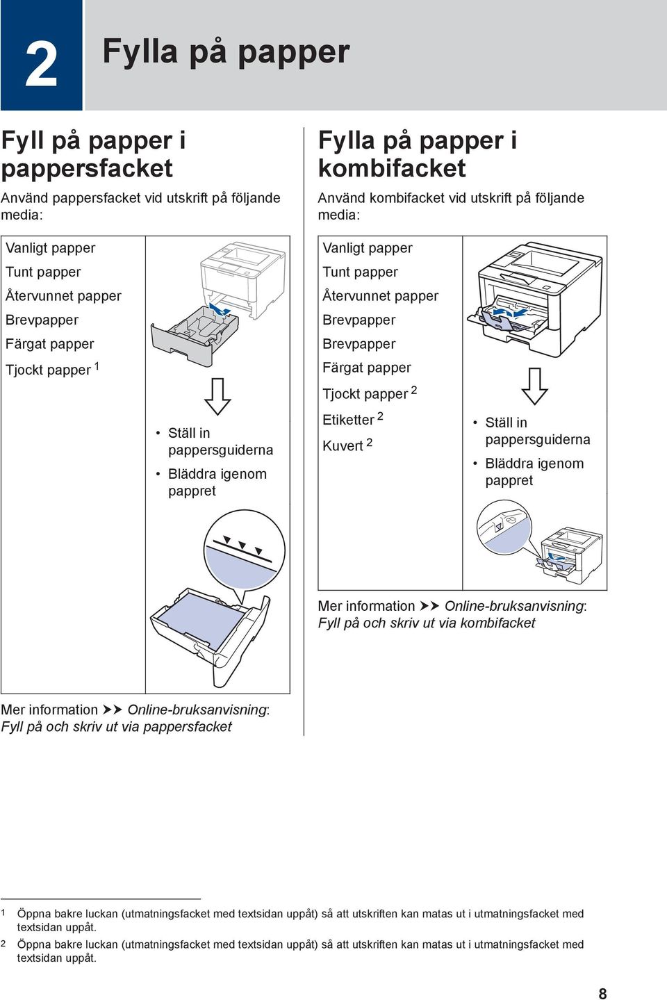 Tjockt papper 2 Etiketter 2 Kuvert 2 Ställ in pappersguiderna Bläddra igenom pappret Mer information uu Online-bruksanvisning: Fyll på och skriv ut via kombifacket Mer information uu