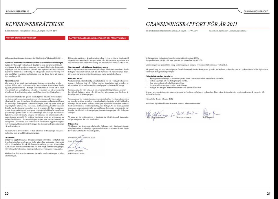 556799-2275 Hässleholm Teknik AB Lekmannarevisorerna RAPPORT OM ÅRSREDOVISNINGEN Rapport om andra krav enligt lagar och författningar Vi har reviderat årsredovisningen för Hässleholms Teknik AB för