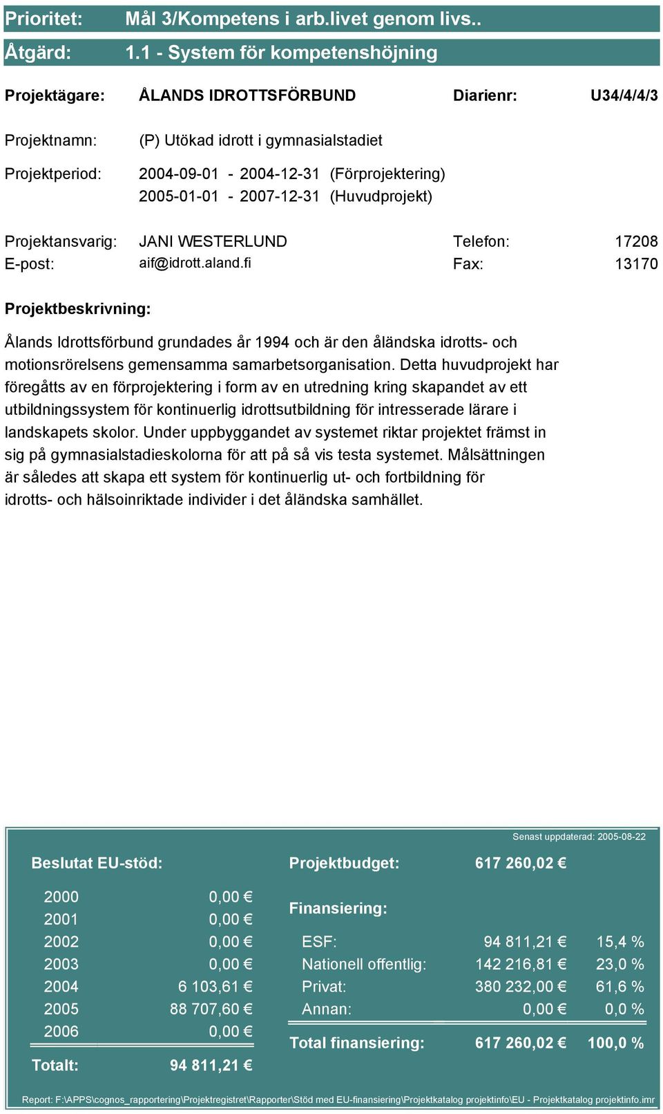 Detta huvudprojekt har föregåtts av en förprojektering i form av en utredning kring skapandet av ett utbildningssystem för kontinuerlig idrottsutbildning för intresserade lärare i landskapets skolor.