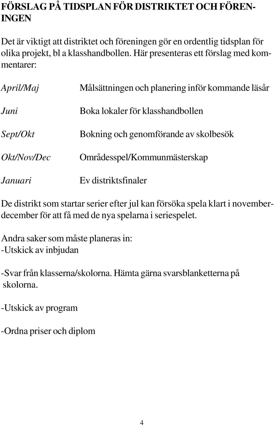 och genomförande av skolbesök Områdesspel/Kommunmästerskap Ev distriktsfinaler De distrikt som startar serier efter jul kan försöka spela klart i novemberdecember för att få med de