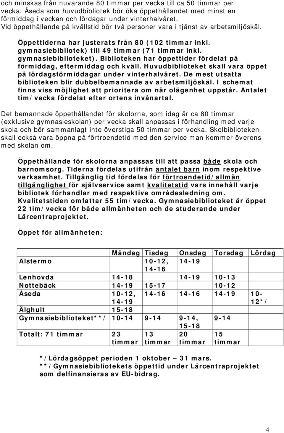 gymnasiebiblioteket). Biblioteken har öppettider fördelat på förmiddag, eftermiddag och kväll. Huvudbiblioteket skall vara öppet på lördagsförmiddagar under vinterhalvåret.