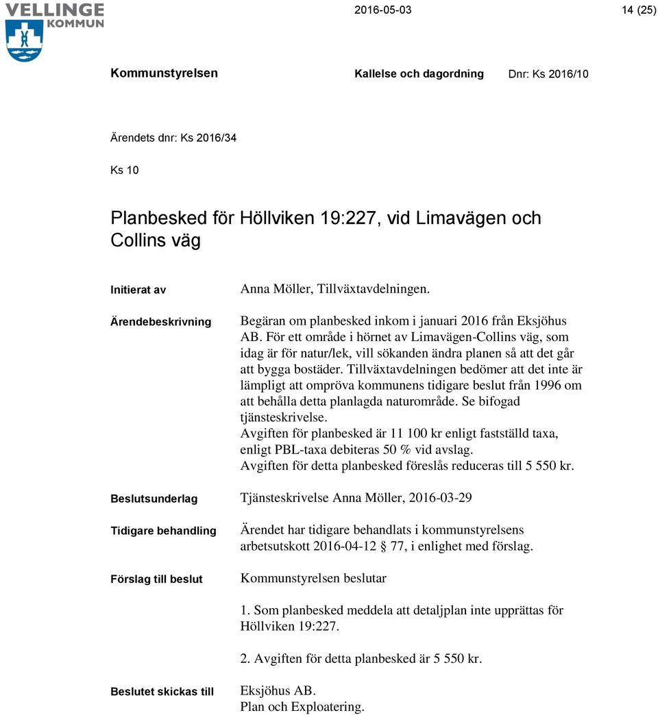 Tillväxtavdelningen bedömer att det inte är lämpligt att ompröva kommunens tidigare beslut från 1996 om att behålla detta planlagda naturområde. Se bifogad tjänsteskrivelse.