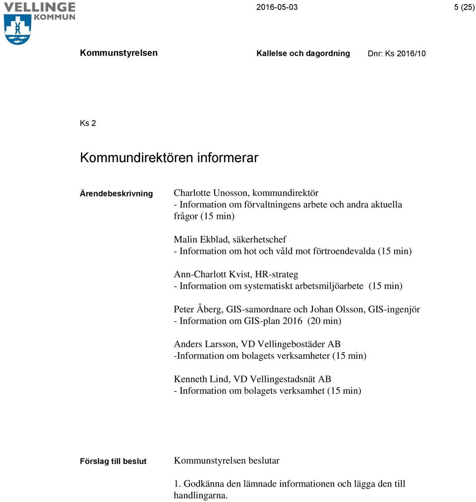 Peter Åberg, GIS-samordnare och Johan Olsson, GIS-ingenjör - Information om GIS-plan 2016 (20 min) Anders Larsson, VD Vellingebostäder AB -Information om bolagets