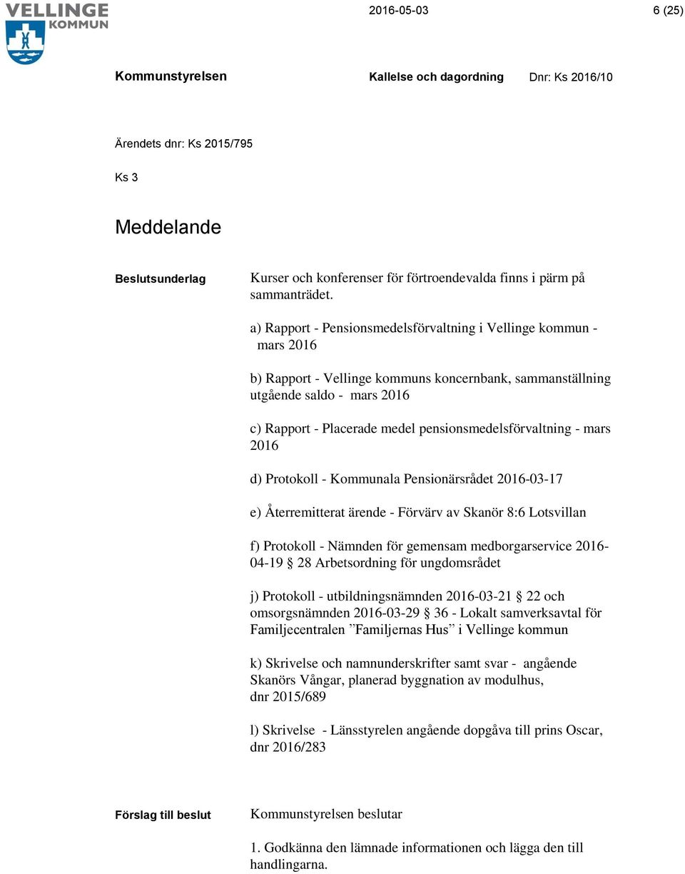 pensionsmedelsförvaltning - mars 2016 d) Protokoll - Kommunala Pensionärsrådet 2016-03-17 e) Återremitterat ärende - Förvärv av Skanör 8:6 Lotsvillan f) Protokoll - Nämnden för gemensam