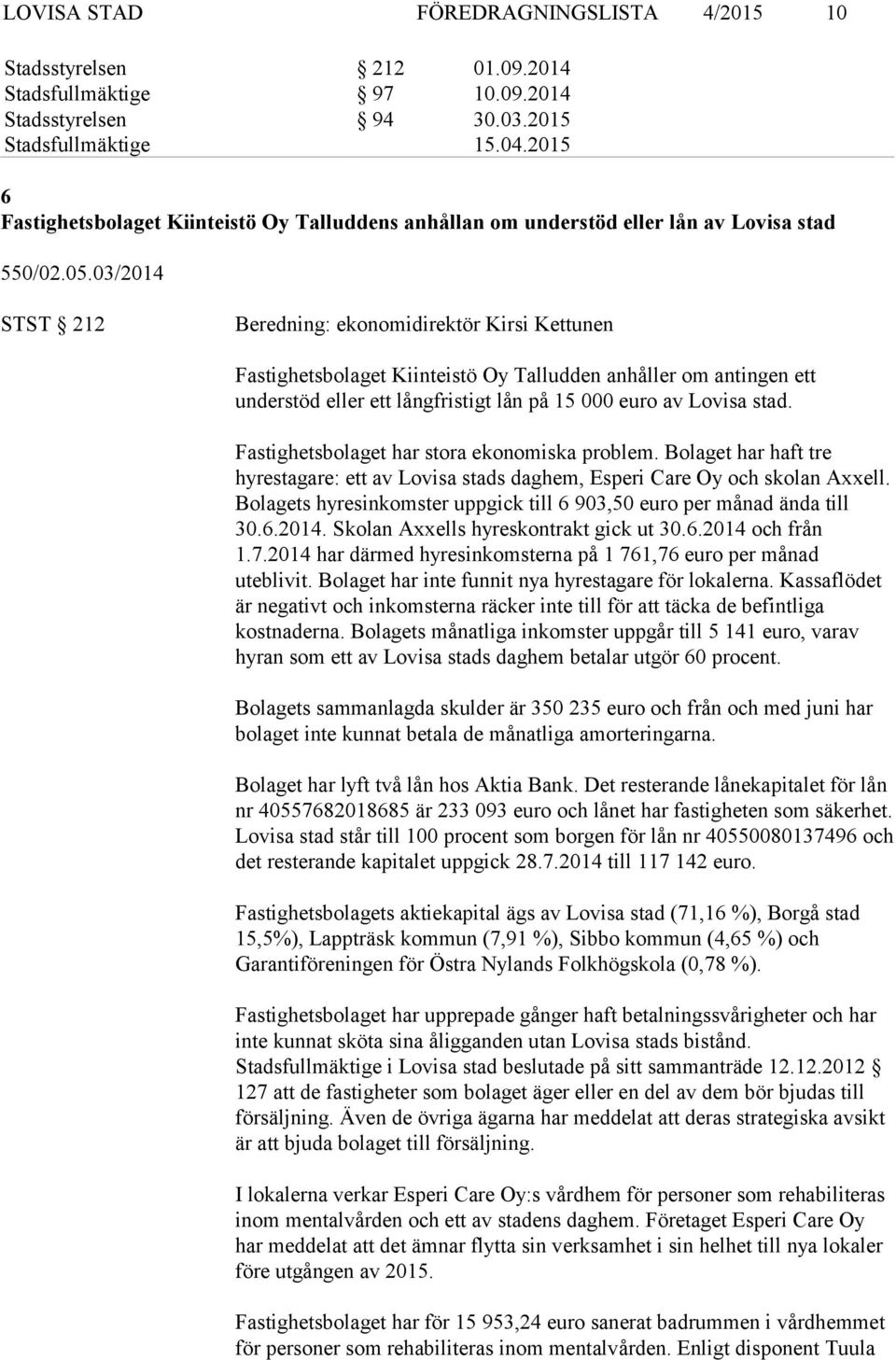03/2014 STST 212 Beredning: ekonomidirektör Kirsi Kettunen Fastighetsbolaget Kiinteistö Oy Talludden anhåller om antingen ett understöd eller ett långfristigt lån på 15 000 euro av Lovisa stad.