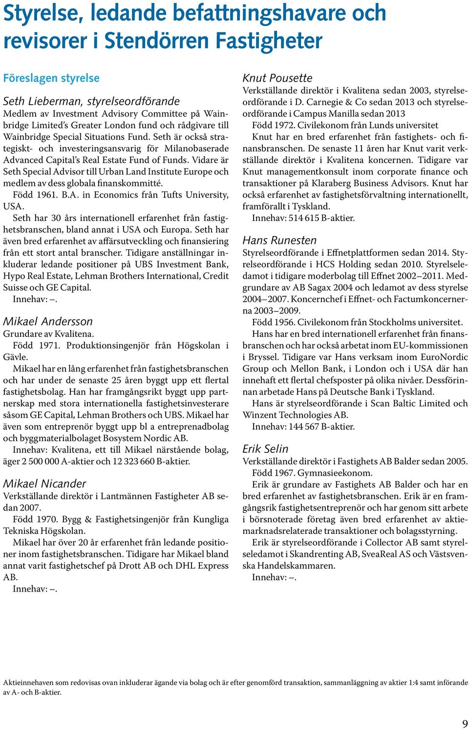 Vidare är Seth Special Advisor till Urban Land Institute Europe och medlem av dess globala finanskommitté. Född 1961. B.A. in Economics från Tufts University, USA.