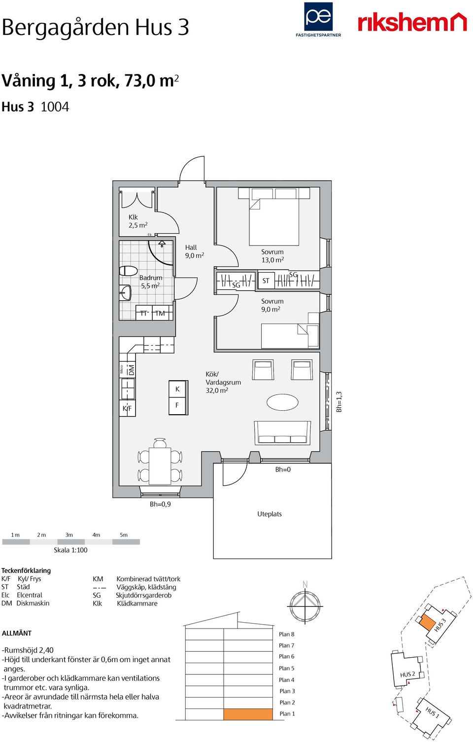 Sovrum 9,0 m 2 K/F K F 32,0 m 2 Bh=1,3 Bh=0