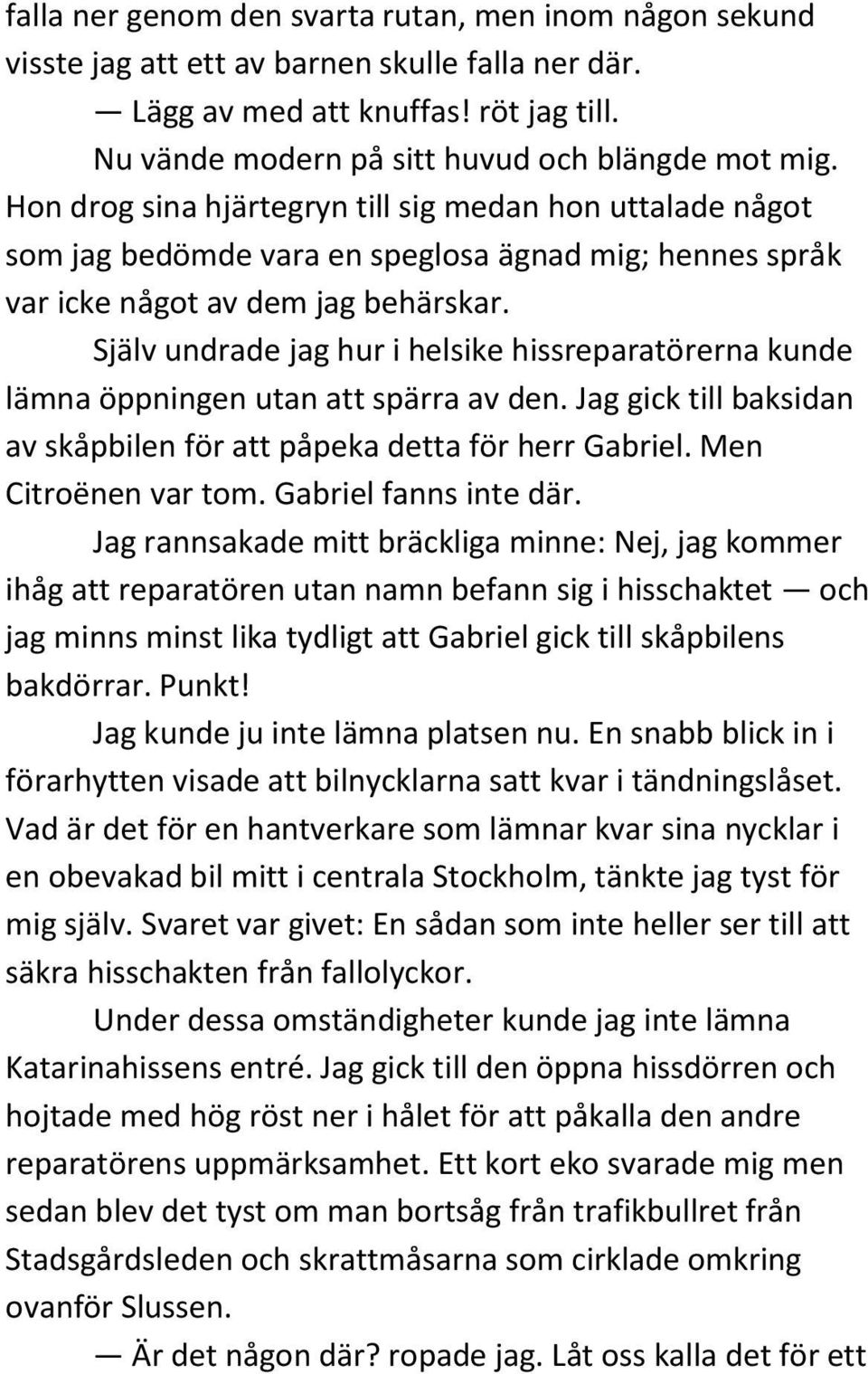 Själv undrade jag hur i helsike hissreparatörerna kunde lämna öppningen utan att spärra av den. Jag gick till baksidan av skåpbilen för att påpeka detta för herr Gabriel. Men Citroënen var tom.