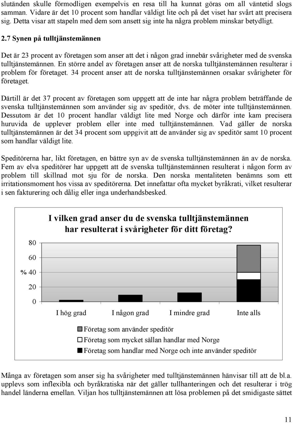 7 Synen på tulltjänstemännen Det är 23 procent av företagen som anser att det i någon grad innebär svårigheter med de svenska tulltjänstemännen.