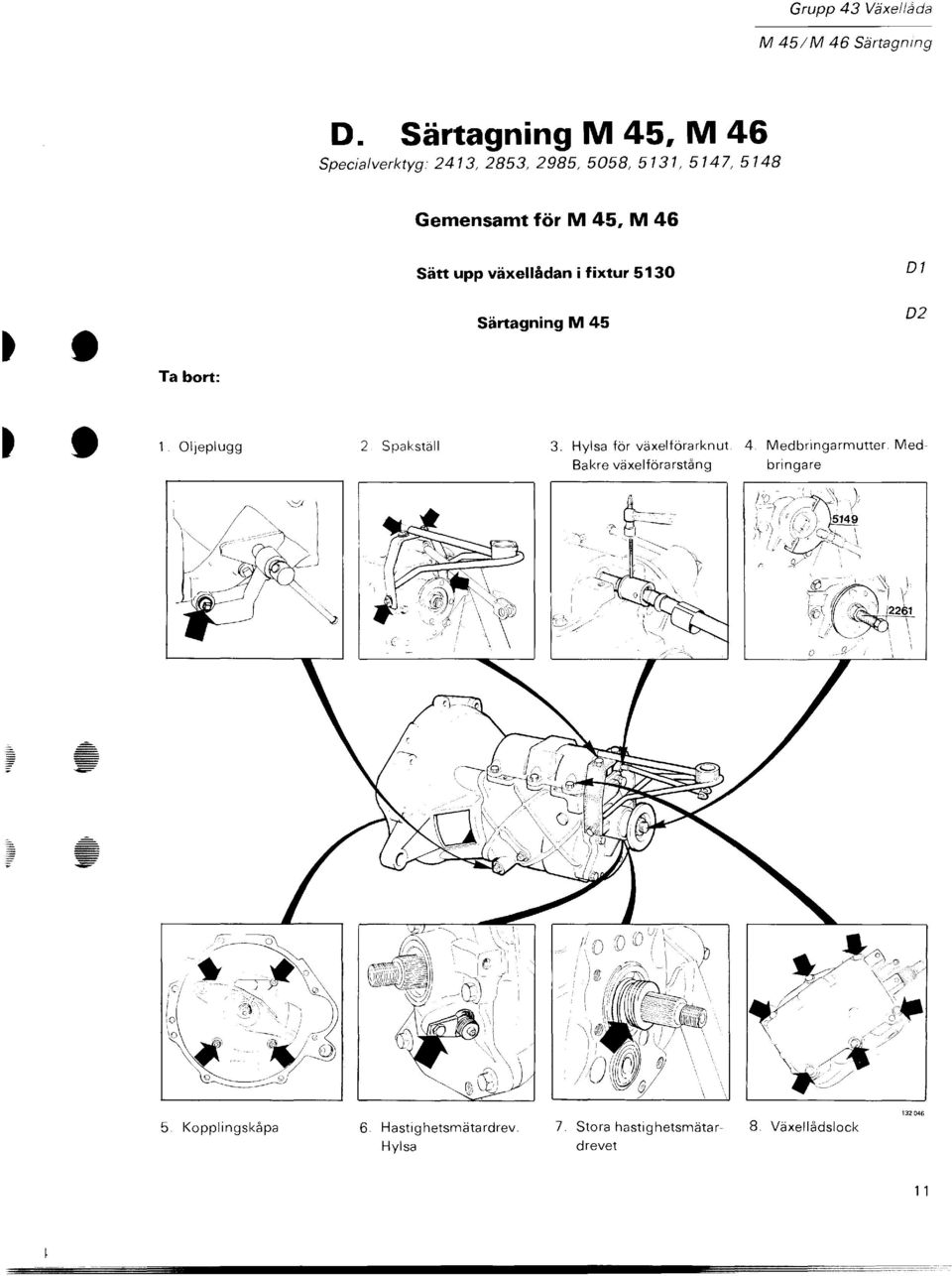 46 Sätt upp växellådan i fixtur 5130 01 1. Ta bort: Särtagning M 45 Oljeplugg 2 Spakställ 3.