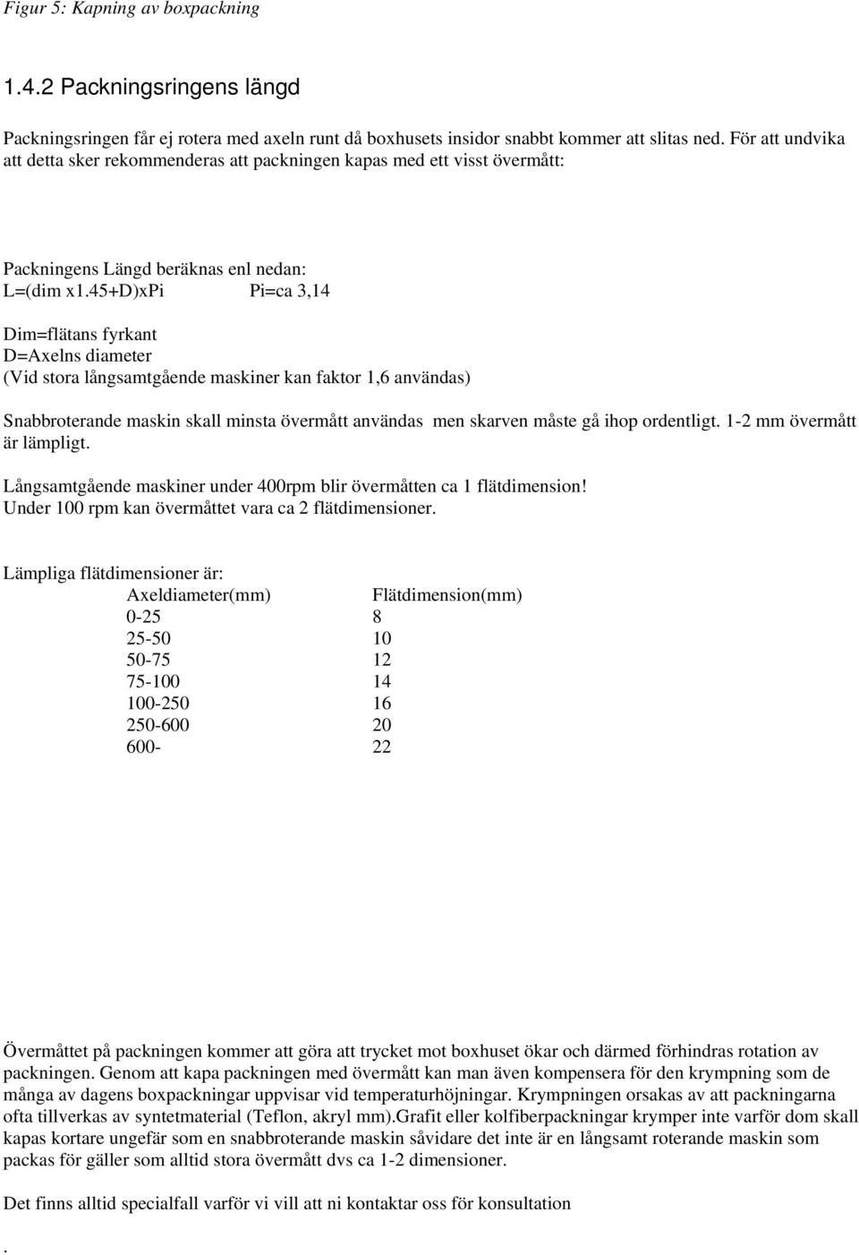 45+d)xpi Pi=ca 3,14 Dim=flätans fyrkant D=Axelns diameter (Vid stora långsamtgående maskiner kan faktor 1,6 användas) Snabbroterande maskin skall minsta övermått användas men skarven måste gå ihop