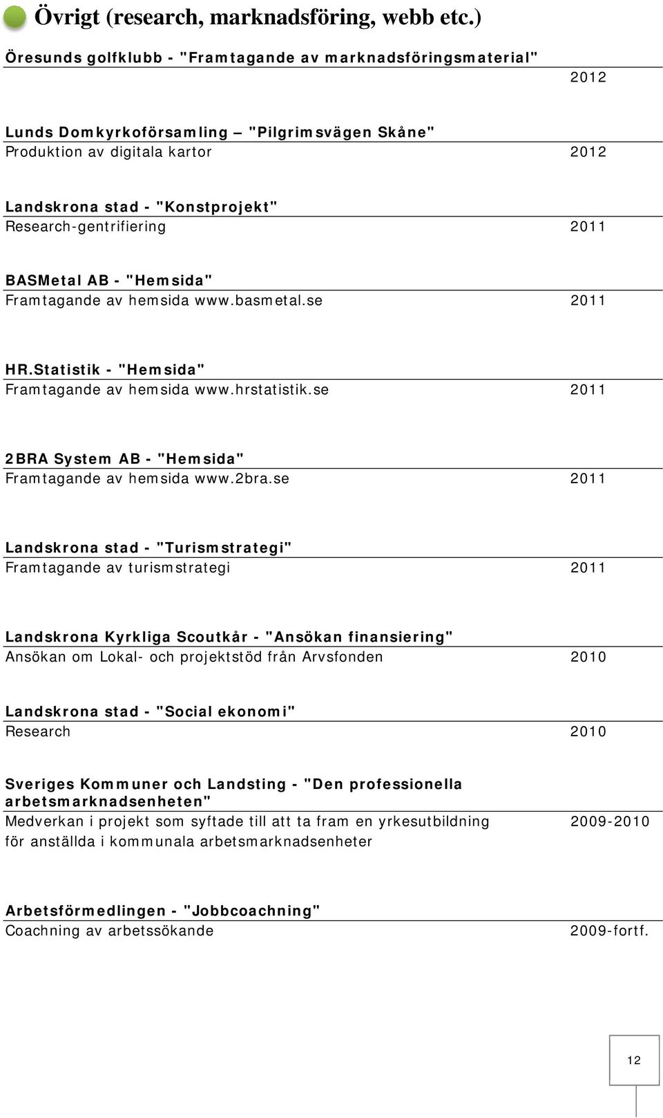 Research-gentrifiering 2011 BASMetal AB - "Hemsida" Framtagande av hemsida www.basmetal.se 2011 HR.Statistik - "Hemsida" Framtagande av hemsida www.hrstatistik.