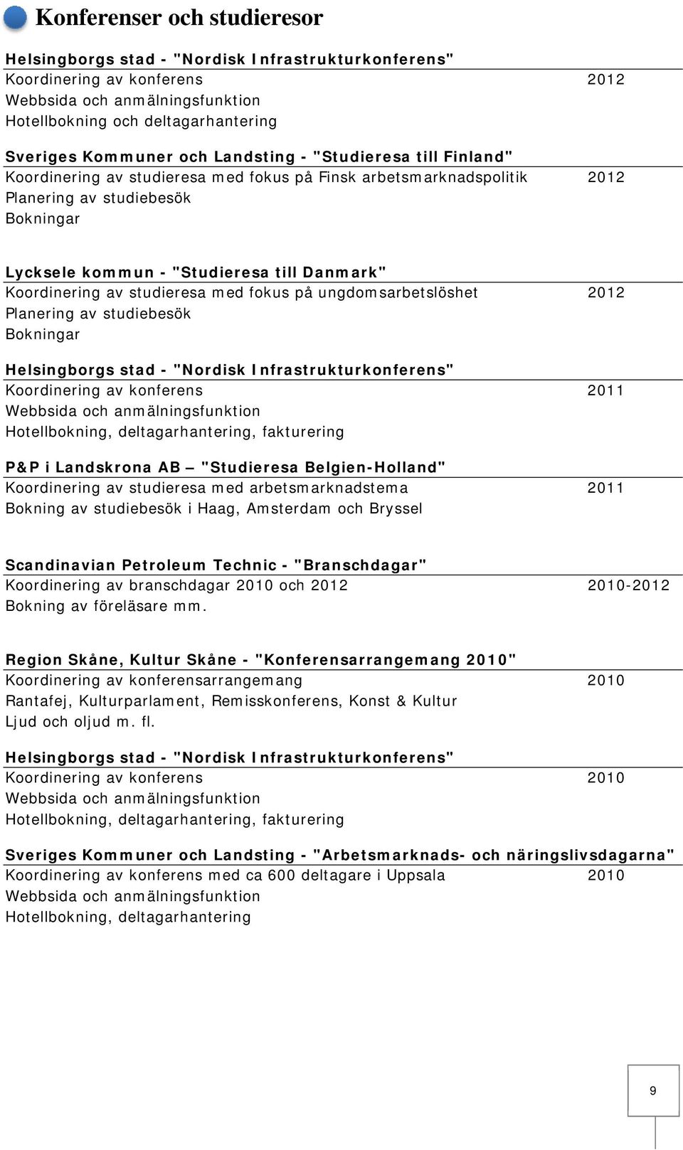 på ungdomsarbetslöshet 2012 Planering av studiebesök Bokningar Helsingborgs stad - "Nordisk Infrastrukturkonferens" Koordinering av konferens 2011 Hotellbokning, deltagarhantering, fakturering P&P i