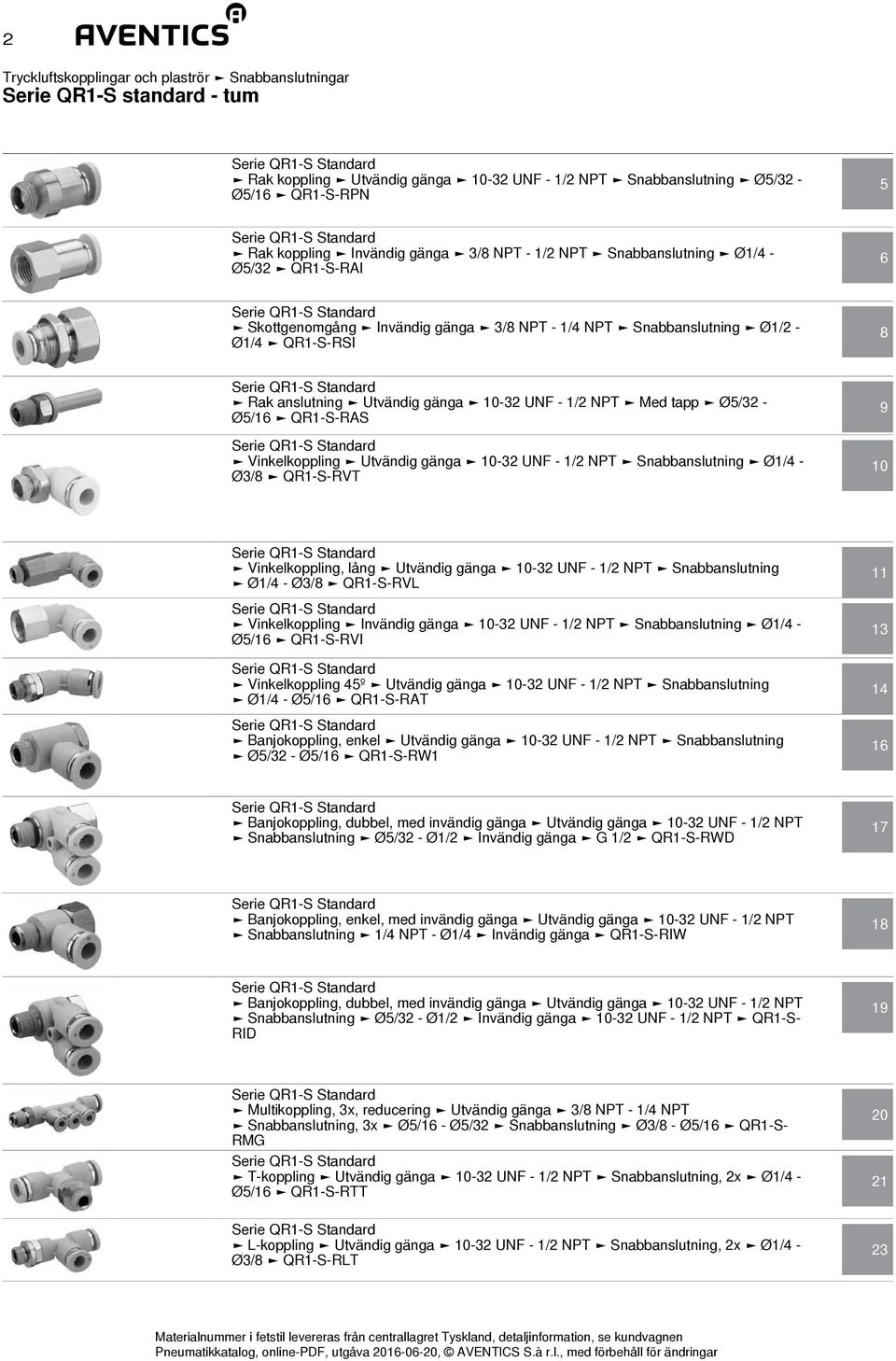 Utvändig gänga 10-32 UNF - 1/2 NPT Snabbanslutning Ø1/4 - Ø3/8 QR1-S-RVT 9 10 Vinkelkoppling, lång Utvändig gänga 10-32 UNF - 1/2 NPT Snabbanslutning Ø1/4 - Ø3/8 QR1-S-RVL Vinkelkoppling Invändig