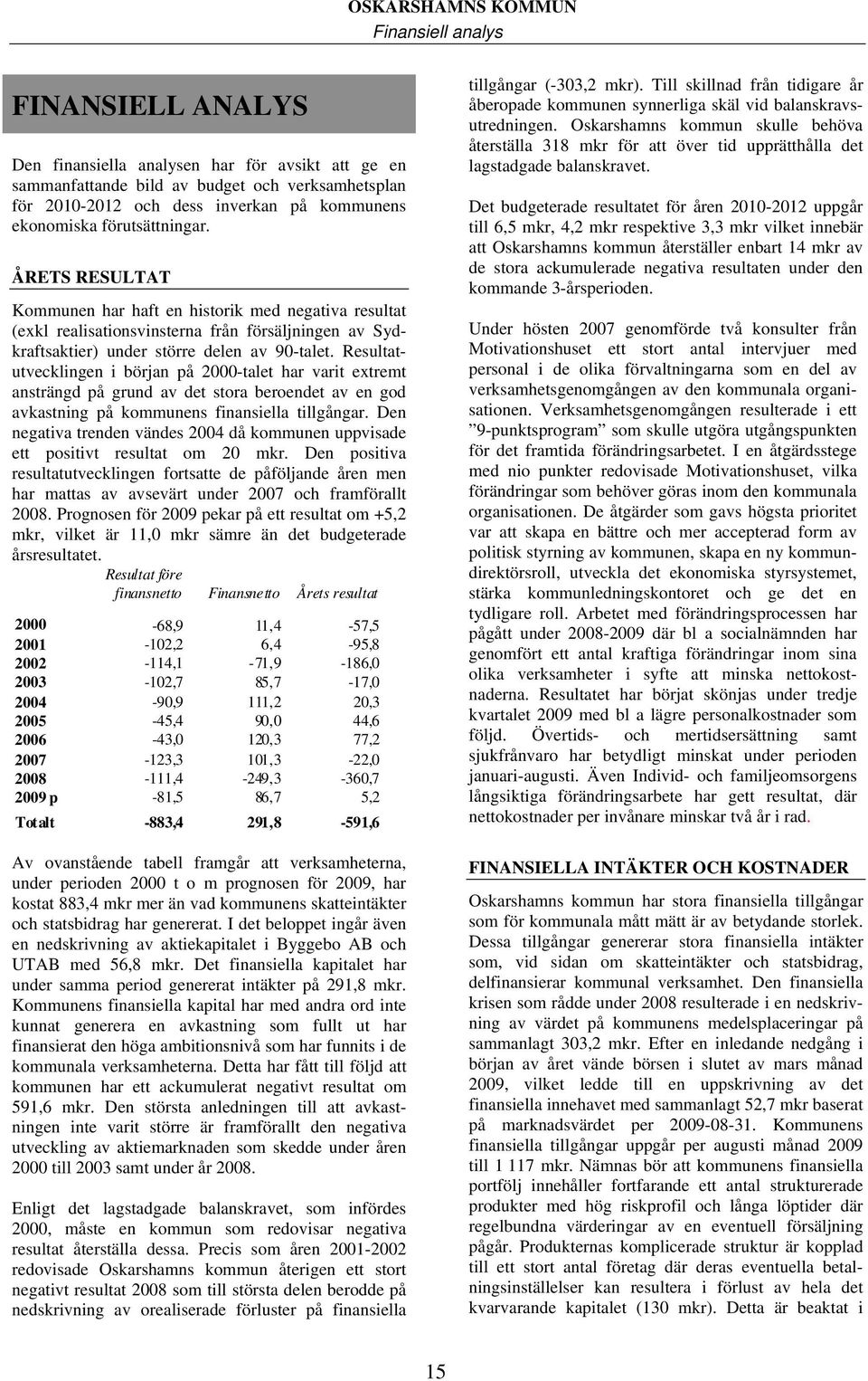 Resultatutvecklingen i början på 2000-talet har varit extremt ansträngd på grund av det stora beroendet av en god avkastning på kommunens finansiella tillgångar.