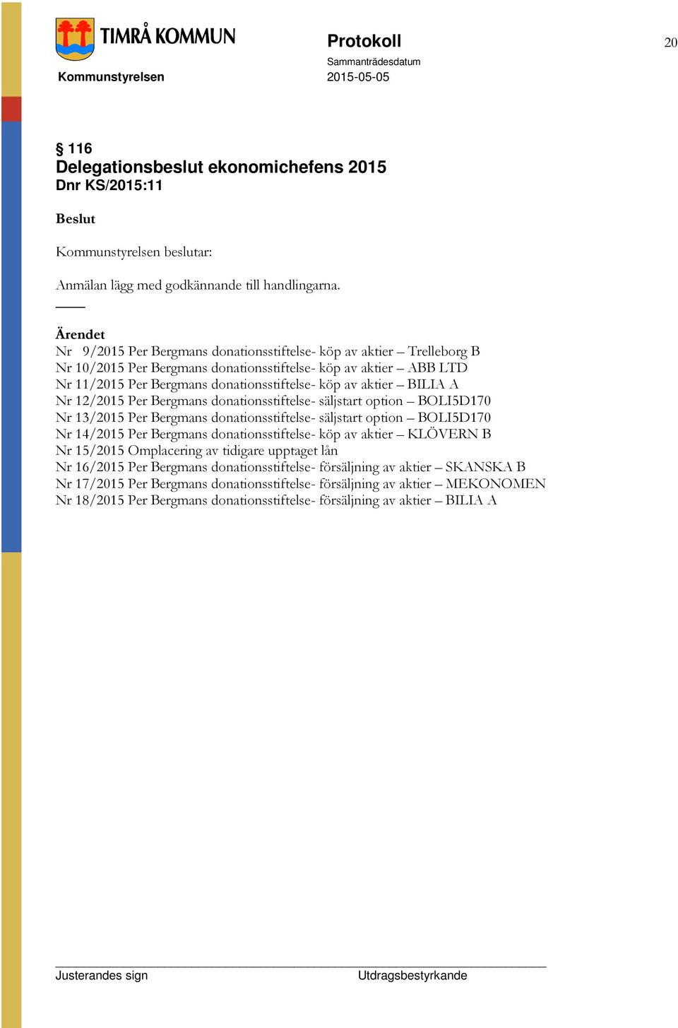 A Nr 12/2015 Per Bergmans donationsstiftelse- säljstart option BOLI5D170 Nr 13/2015 Per Bergmans donationsstiftelse- säljstart option BOLI5D170 Nr 14/2015 Per Bergmans donationsstiftelse- köp av