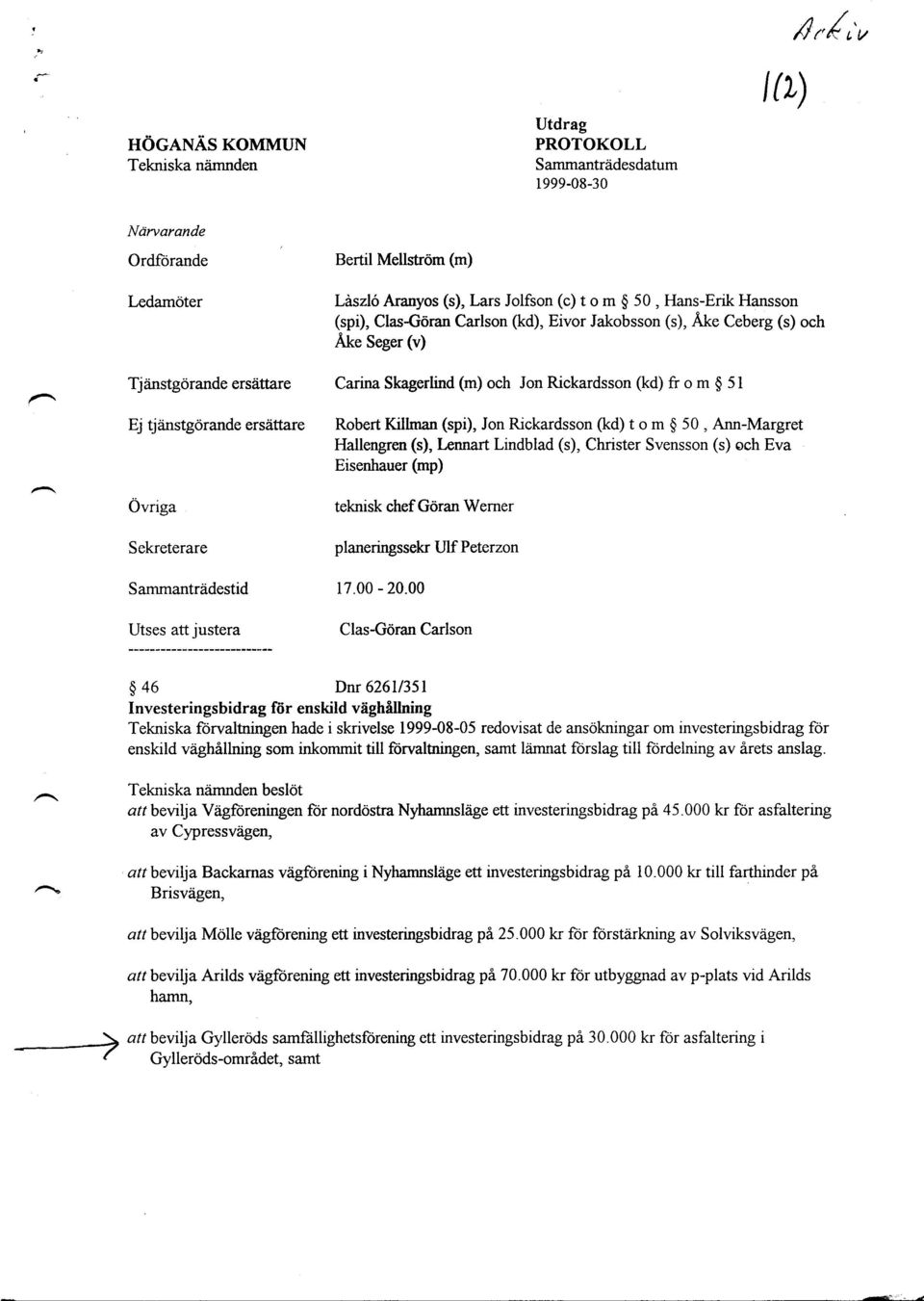 tjiinstgorande ersiittare Robert Kiltnan (spi), Jon Rickardsson (kd) t o m $ 50, Ann-Margret Hallengren (s), knnart Lindblad (s), Christer Svensson (s) och Eva Eisenhauer (mp) Ovriga Sekreterare