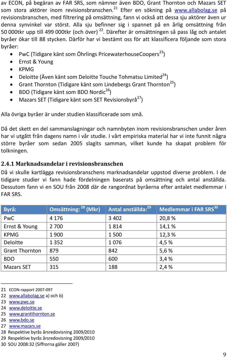 Alla sju befinner sig i spannet på en årlig omsättning från 50 000tkr upp till 499 000tkr (och över) 22. Därefter är omsättningen så pass låg och antalet byråer ökar till 88 stycken.