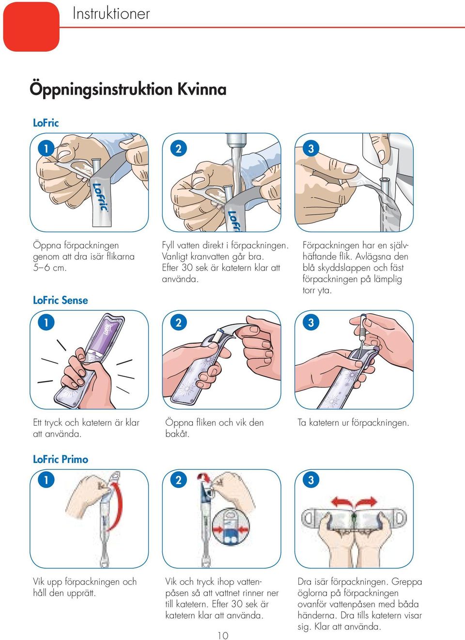 3 Ett tryck och katetern är klar att använda. LoFric Primo 1 Öppna fliken och vik den bakåt. 2 Ta katetern ur förpackningen. 3 Vik upp förpackningen och håll den upprätt.