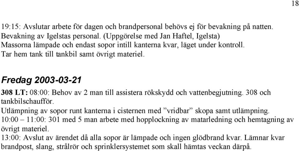 Fredag 2003-03-21 308 LT: 08:00: Behov av 2 man till assistera rökskydd och vattenbegjutning. 308 och tankbilschaufför.