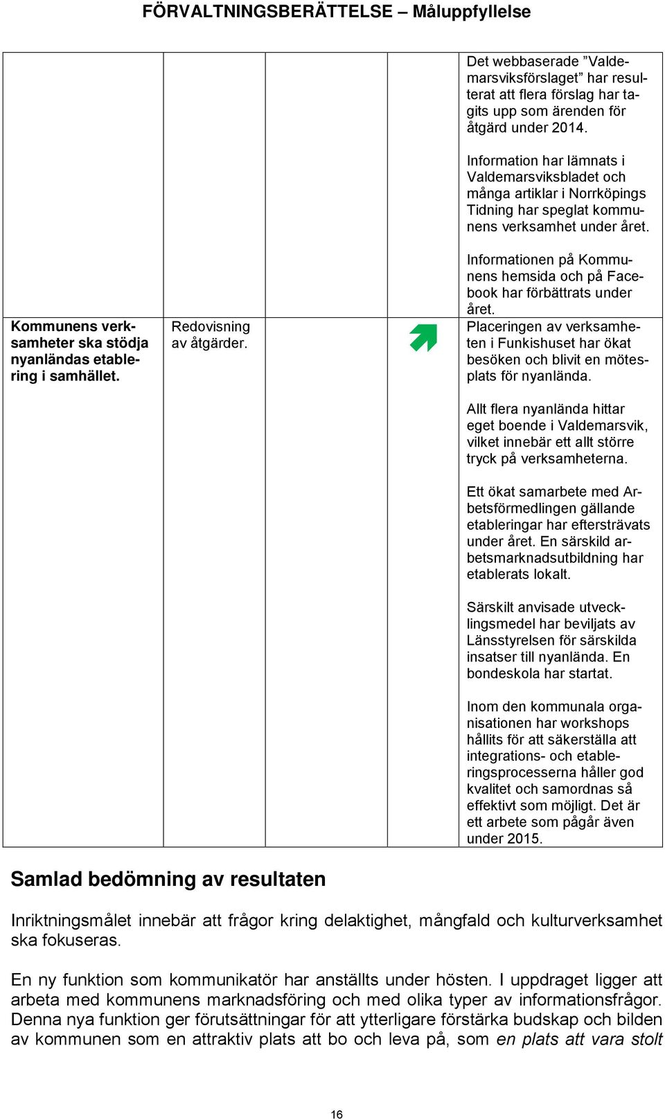 Redovisning av åtgärder. Informationen på Kommunens hemsida och på Facebook har förbättrats under året.