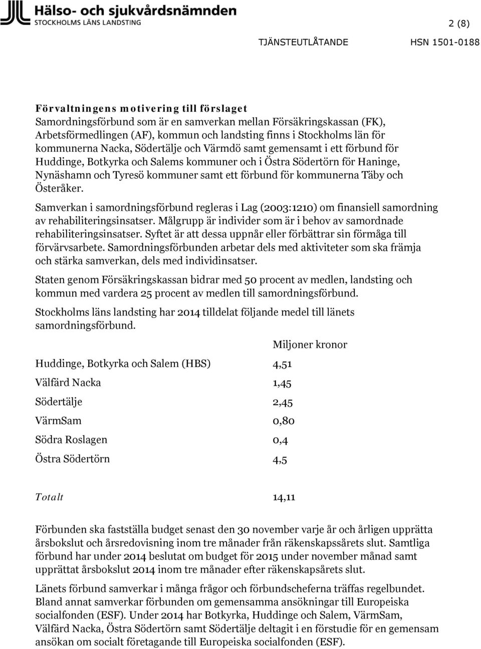 kommunerna Täby och Österåker. Samverkan i samordningsförbund regleras i Lag (2003:1210) om finansiell samordning av rehabiliteringsinsatser.