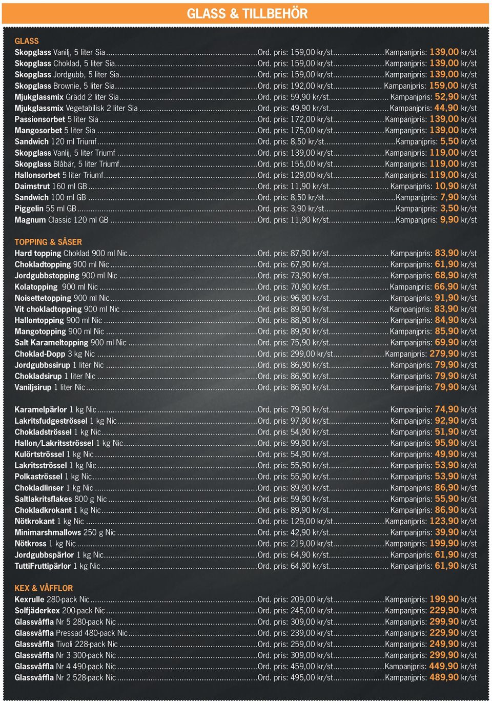 .. Kampanjpris: 52,90 kr/st Mjukglassmix Vegetabilisk 2 liter Sia...Ord. pris: 49,90 kr/st... Kampanjpris: 44,90 kr/st Passionsorbet 5 liter Sia...Ord. pris: 172,00 kr/st.