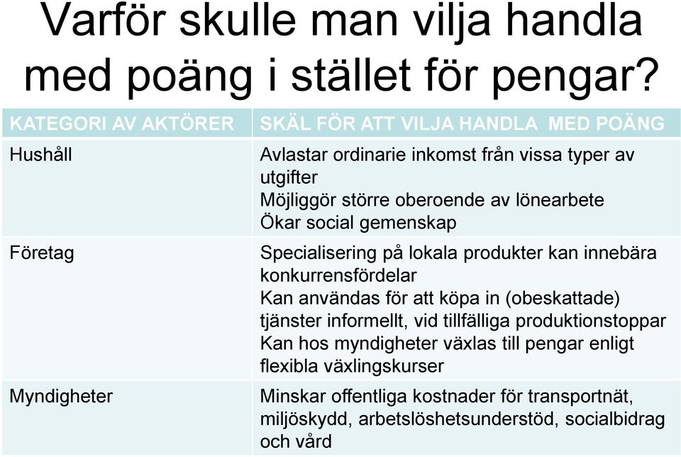 större oberoende av lönearbete Ökar social gemenskap Specialisering på lokala produkter kan innebära konkurrensfördelar Kan användas för att köpa in