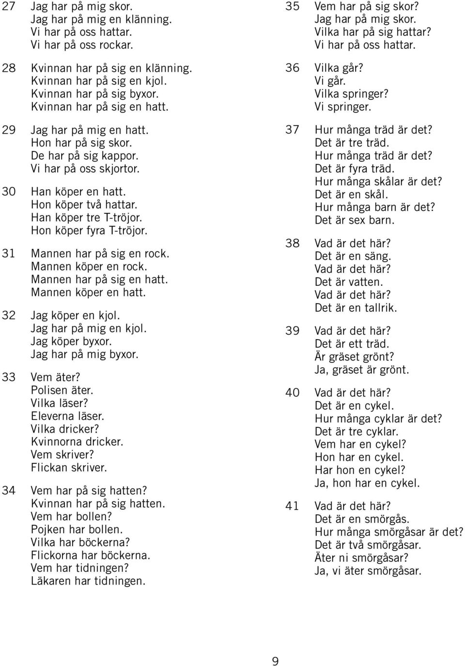 Hon köper fyra T-tröjor. 31 Mannen har på sig en rock. Mannen köper en rock. Mannen har på sig en hatt. Mannen köper en hatt. 32 Jag köper en kjol. Jag har på mig en kjol. Jag köper byxor.