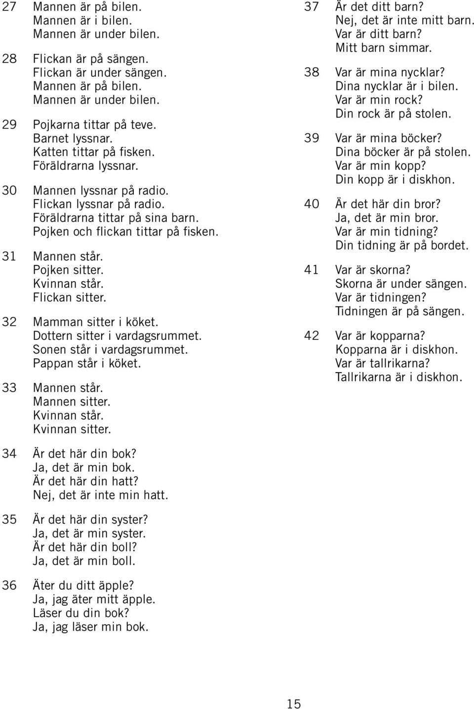 31 Mannen står. Pojken sitter. Kvinnan står. Flickan sitter. 32 Mamman sitter i köket. Dottern sitter i vardagsrummet. Sonen står i vardagsrummet. Pappan står i köket. 33 Mannen står. Mannen sitter.